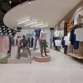 Modern Clothing Store Interior with Blue and White Apparel Racks Mannequins Green Plants and Mirrors