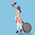 Standing Woman in Orange White Traditional Dress Holding Staff and Katana on Blue Background