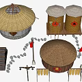 Traditional Garden Ornaments Featuring Straw Structures Red Lanterns Stone Steps And Corn Strings 3d model