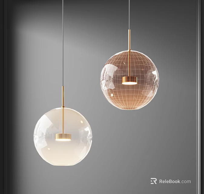 Two Modern Globe Pendant Lights With Transparent Glass Shade And Golden Frame For Interior Decor 3d model 