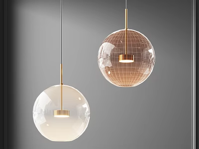 Two Modern Globe Pendant Lights With Transparent Glass Shade And Golden Frame For Interior Decor 3d model