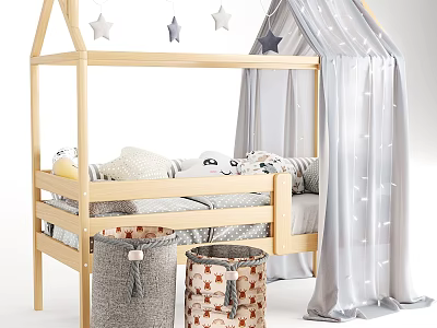 Cozy Wooden Kids Bed with Canopy Curtain Star Decorations and Storage Baskets 3d model