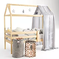 Cozy Wooden Kids Bed with Canopy Curtain Star Decorations and Storage Baskets