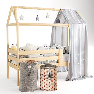 Cozy Wooden Kids Bed with Canopy Curtain Star Decorations and Storage Baskets 3d model