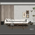 Modern Living Room Interior With Beige Sofa Wooden Coffee Table And Wall Art Plants