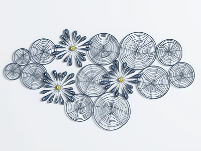 Blue and White Metal Wall Decor with Circular and Flower Shaped Designs and Yellow Centers 3d model