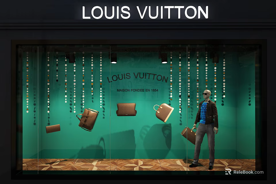 Louis Vuitton Window Display Featuring Hanging Beads Bags And Standing Model 3d model 