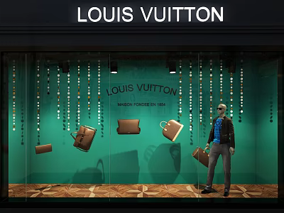 Louis Vuitton Window Display Featuring Hanging Beads Bags And Standing Model 3d model