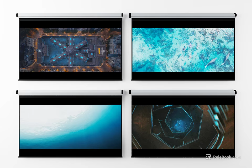 Projection Monitoring Systems Display Multiple Surveillance Scenarios Including City Underwater Sky And Tech Structures 3d model 