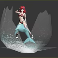 Woman with red hair wearing red white bikini headphones sitting on blue dolphin splashing water