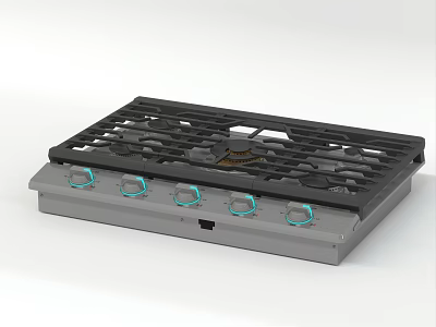 Modern Gas Stove with Black Grates Gray Panel and Five Blue Accent Knobs 3d model