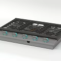 Modern Gas Stove with Black Grates Gray Panel and Five Blue Accent Knobs