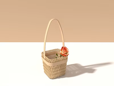 Natural Wicker Storage Basket With Fresh Red Rose For Home Decoration 3d model