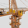 Yellow And Brown Tower Cranes With Extended Booms Operating Cabs And Steel Structures