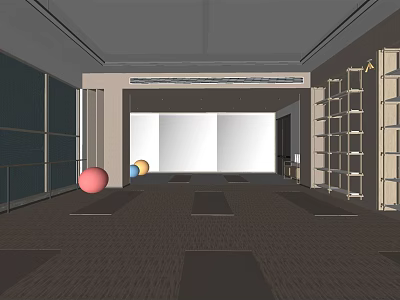 Indoor Fitness Studio With Colorful Exercise Balls Workout Mats And Shelving Units 3d model