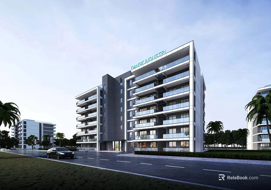 Greenfield Group Modern Office Building With Glass Facade Balconies Landscaped Area And Palm Trees 3d model 