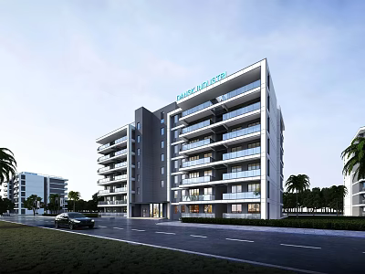 Greenfield Group Modern Office Building With Glass Facade Balconies Landscaped Area And Palm Trees 3d model