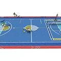 Indoor Basketball Gym With Blue Floor Multiple Hoops And Players Practicing
