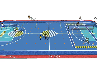 Indoor Basketball Gym With Blue Floor Multiple Hoops And Players Practicing 3d model