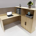 Modern Public Office Space With Partition Desks Laptops Potted Plants And Bookshelves
