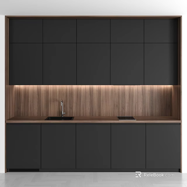 Black Kitchen Cabinets With Wooden Backsplash And Under Cabinet LED Lighting Design 3d model 