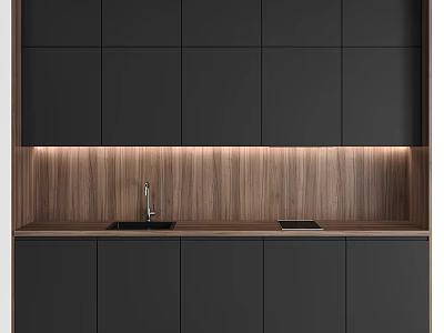 Black Kitchen Cabinets With Wooden Backsplash And Under Cabinet LED Lighting Design 3d model