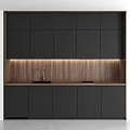 Black Kitchen Cabinets With Wooden Backsplash And Under Cabinet LED Lighting Design