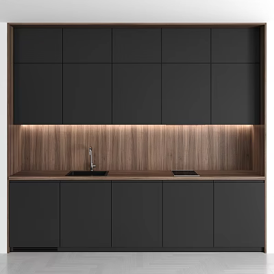 Black Kitchen Cabinets With Wooden Backsplash And Under Cabinet LED Lighting Design 3d model