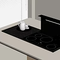 Modern Kitchen Countertop With Window Blinds Black Electric Cooktop Silver Pot And Coffee Cup Tray