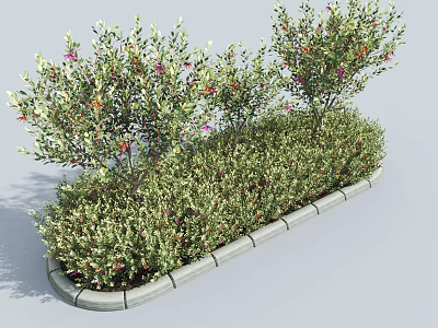 Green Flowering Shrubs In Landscaping Garden Bed With Colorful Blooms And Gray Border 3d model