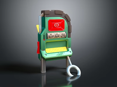 Toy Weapon With Green Body Brown Top Red Button Yellow Panel And Ring Hook 3d model
