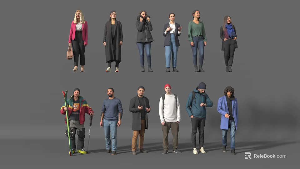 Diverse Group of People in Various Outfits Standing in Different Poses 3d model 