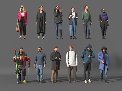 Diverse Group of People in Various Outfits Standing in Different Poses 3d model