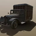 Vintage Old Truck With Wooden Cargo Bed And Farmer Leading Cow Nearby