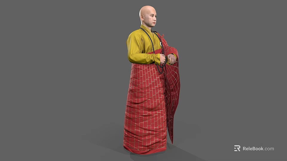 Man With Bald Head In Yellow Top Red Robe With White Lines On Gray Background 3d model 