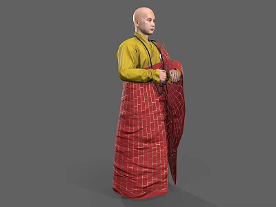 Man With Bald Head In Yellow Top Red Robe With White Lines On Gray Background 3d model