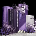 Purple Themed Wedding Backdrop With White Flowers And Hanging Floral Decorations