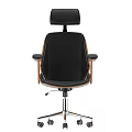 Modern Office Chair With Black Leather Seat Wooden Armrests Adjustable Headrest And Chrome Metal Base
