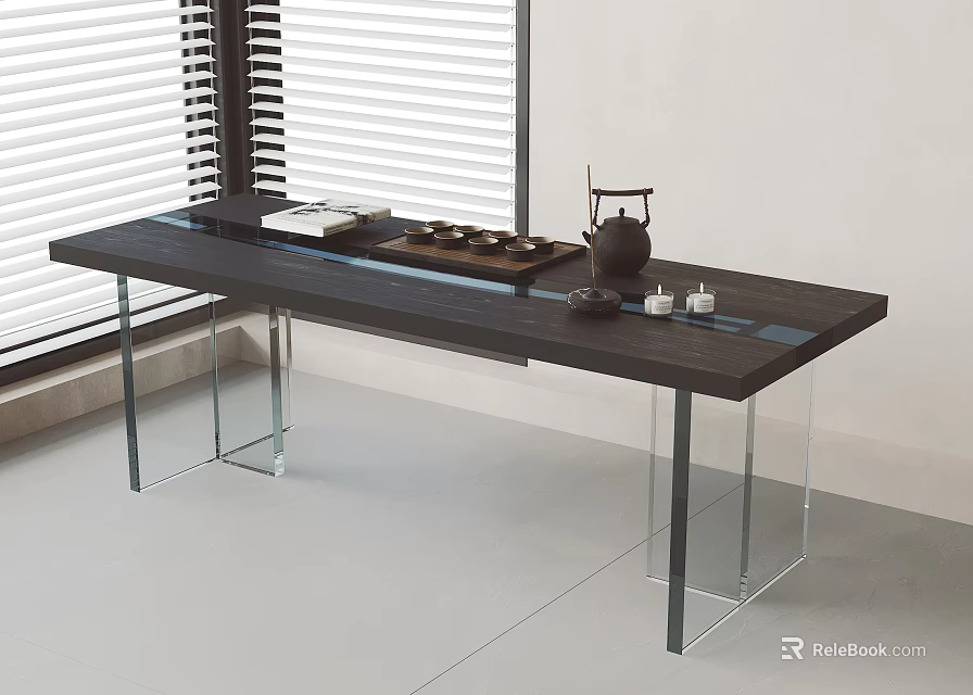Modern Minimalist Table And Chair Set With Black Wooden Top Clear Metal Legs And Tea Accessories 3d model 