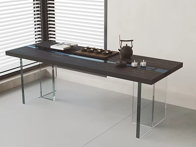 Modern Minimalist Table And Chair Set With Black Wooden Top Clear Metal Legs And Tea Accessories 3d model