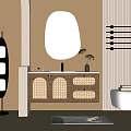 Modern Bathroom Vanity Cabinet With Oval Backlit Mirror Rattan Door Panels And Toilet