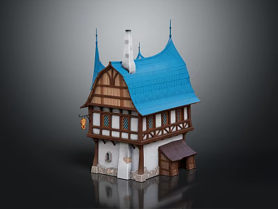 Cartoon Scenic Fairy Tale House With Blue Pointed Roof Wooden Frame Chimney Small Porch Windows 3d model