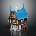Cartoon Scenic Fairy Tale House With Blue Pointed Roof Wooden Frame Chimney Small Porch Windows