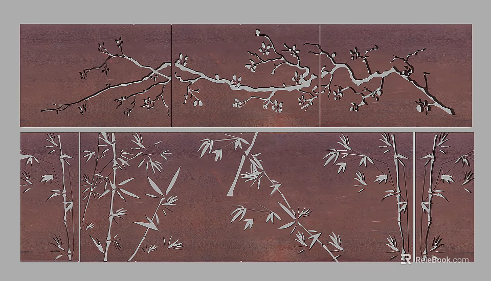 Rustic Metal Panel With White Plum Blossom And Bamboo Pattern Design 3d model
