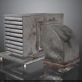 Rusty Industrial Metal Equipment With Louvered Panel And Curved Component On Stand