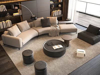 Modern Light L Shaped Sofa And Dark Round Coffee Table Set With Ottomans Bookshelf Lamp 3d model