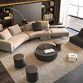 Modern Light L Shaped Sofa And Dark Round Coffee Table Set With Ottomans Bookshelf Lamp