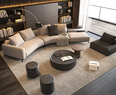 Modern Light L Shaped Sofa And Dark Round Coffee Table Set With Ottomans Bookshelf Lamp 3d model