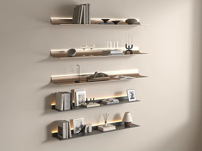 Stylish Modern Wall Mounted Bookshelves With Books Photo Frames Table Lamp And Decorative Items 3d model
