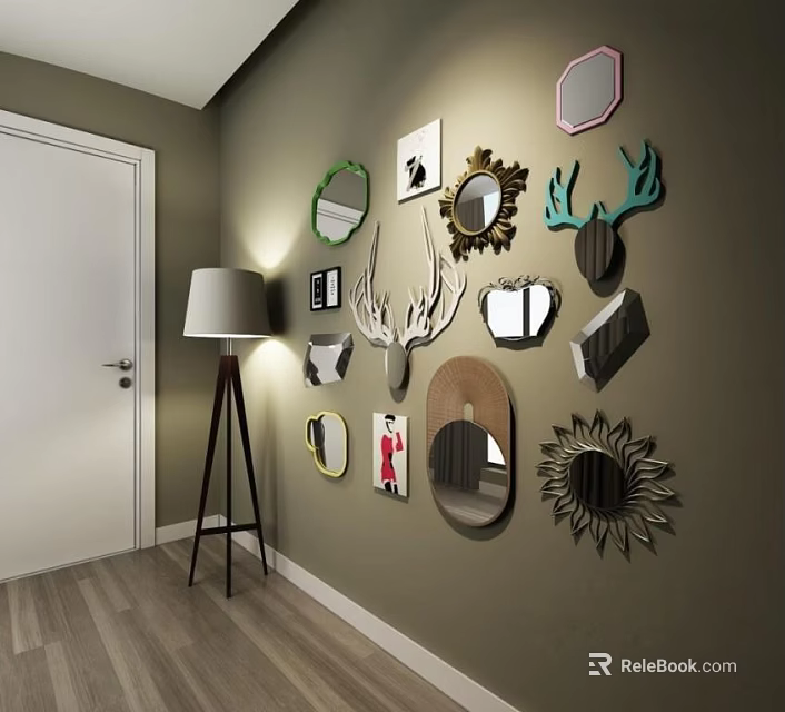 Stylish Wall Decor Arrangement With Mirrors Deer Head And Geometric Shapes 3d model